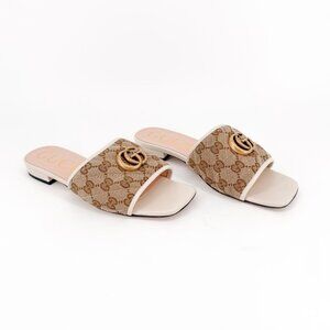 Gucci Jolie Marmont GG Slide Sandals Beige Canvas White Leather Size 38 US 8